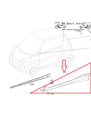 Guarnição da saia lateral esquerda Smart ForTwo 451 A4516902125 CA7L JACK PRETO